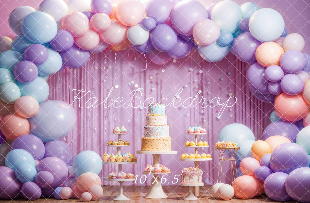 Kate Geburtstag Kuchen Smash Bunter Ballon Bogen Hintergrund Entworfen von Emetselch - Kate Backdrop.de