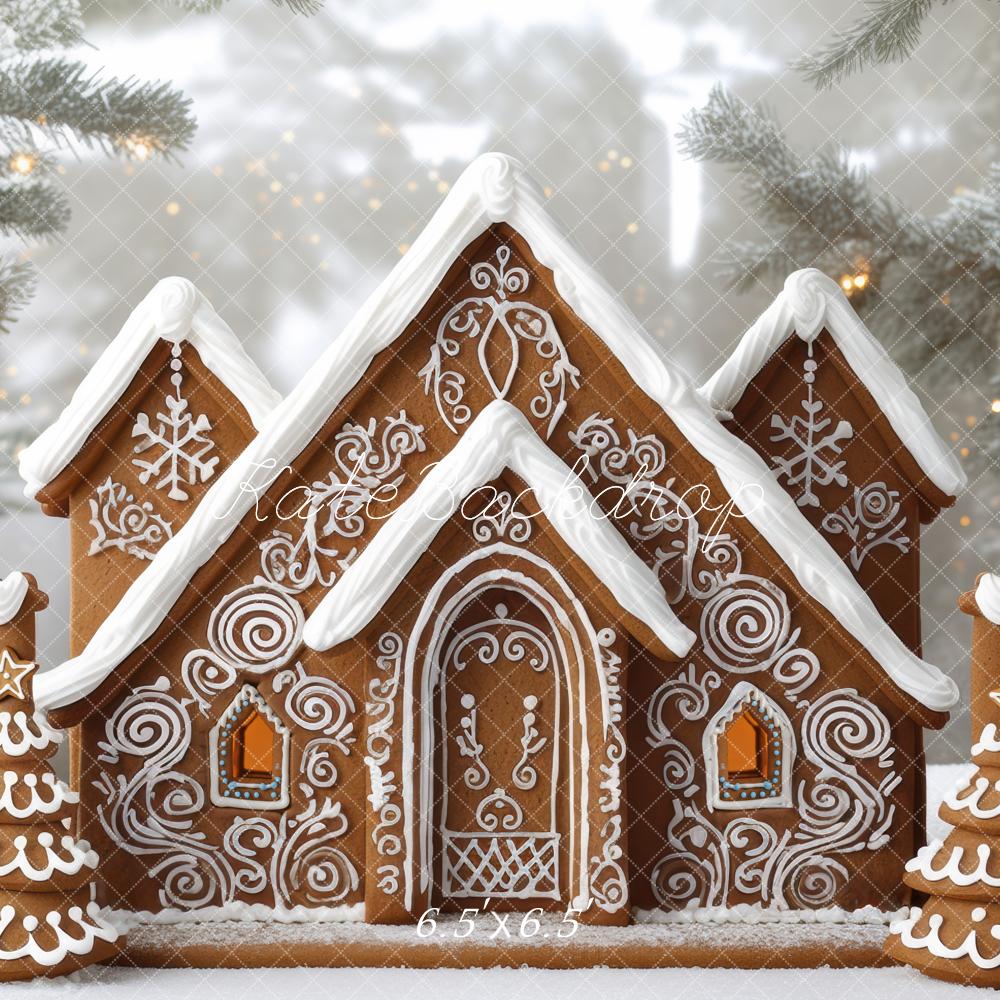 Kate Weihnachten Lebkuchenhaus Tannen Schnee Hintergrund Entworfen von Mini MakeBelieve - Kate Backdrop.de