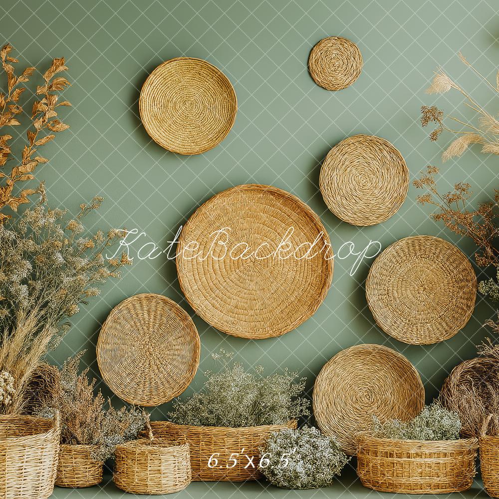 Kate Boho Rattan Körbe Trockenblumen Hintergrund Entworfen von Patty Roberts - Kate Backdrop.de