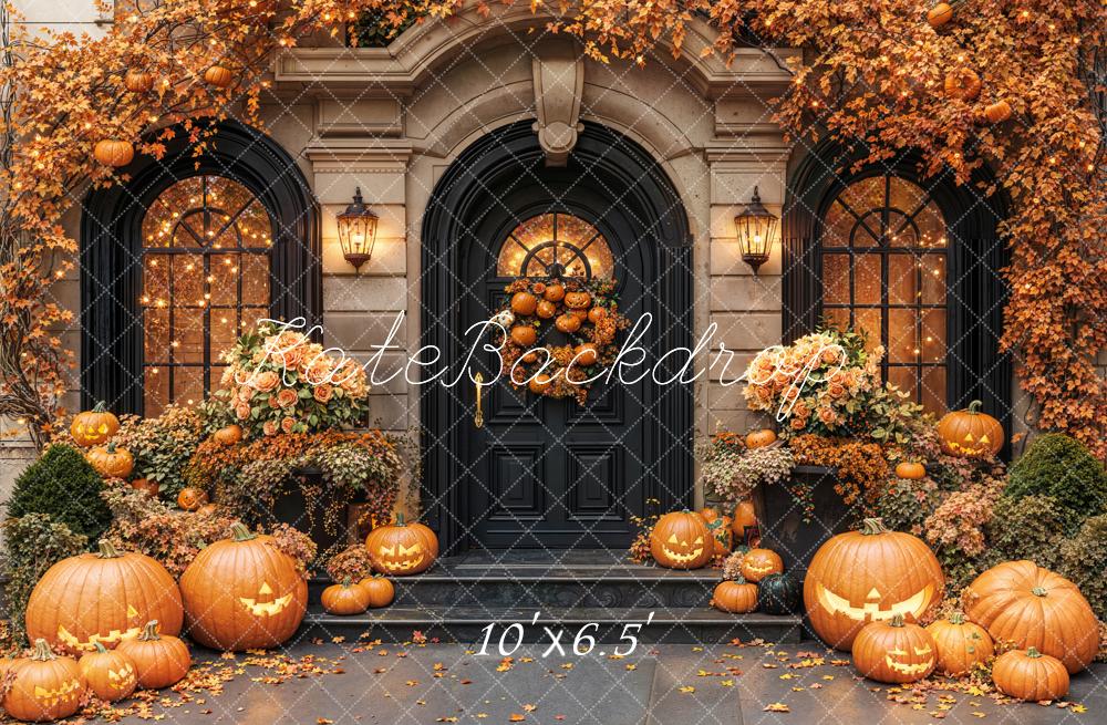 Kate Halloween Kürbisse Tür Herbstlaub Fleece Hintergrund Entworfen von Emetselch - Kate Backdrop.de