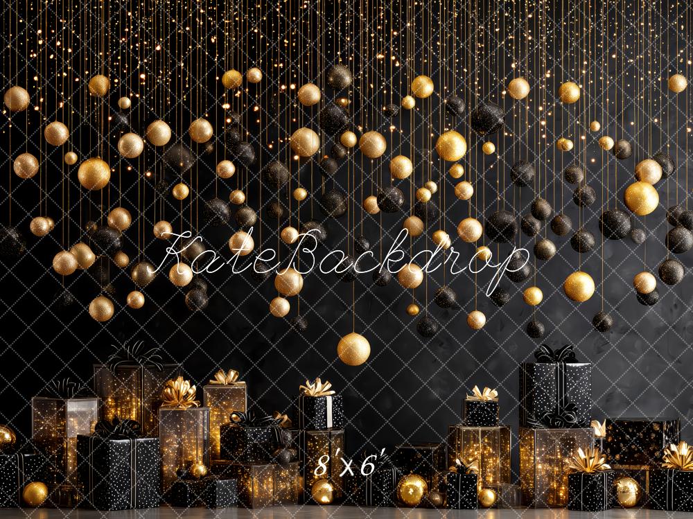 Kate Weihnachten Goldene Kugeln Geschenke Schwarz Hintergrund Entworfen von Patty Roberts - Kate Backdrop.de