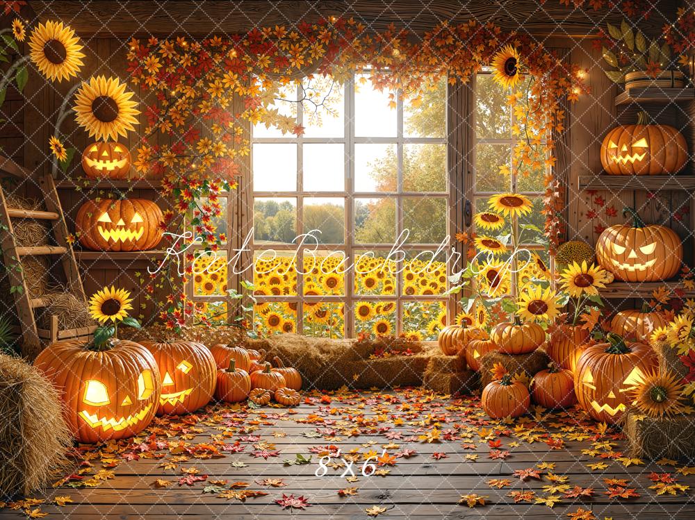 Kate Halloween Kürbisse Sonnenblumen Holzscheune Fleece Hintergrund Entworfen von Chain - Kate Backdrop.de