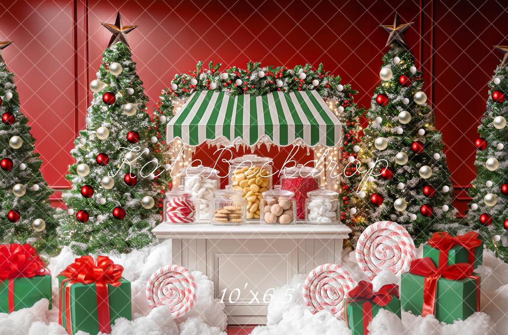 Kate Weihnachten Süßigkeitenstand Tannenbäume Rot Grün Hintergrund Entworfen von Mini MakeBelieve - Kate Backdrop.de