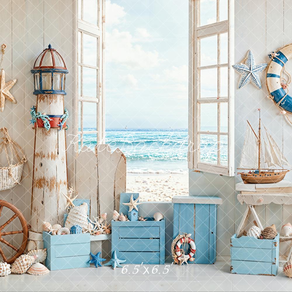 Kate Sommer Maritim Leuchtturm Fenster Blau Hintergrund Entworfen von Emetselch - Kate Backdrop.de