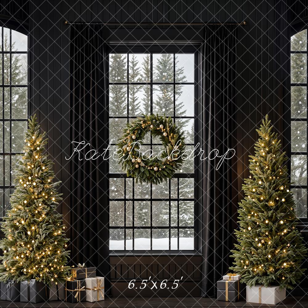 Kate Weihnachten Tannenbäume Fenster Kranz Schwarz Hintergrund Entworfen von Emetselch