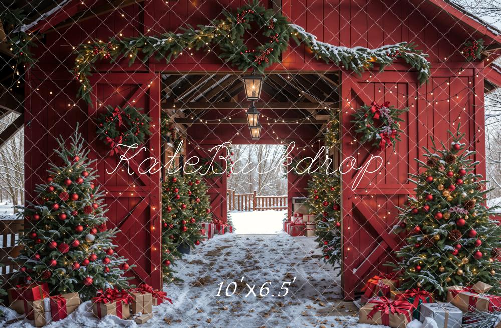 Kate Weihnachten Scheune Tannenbäume Schnee Hintergrund Entworfen von Emetselch