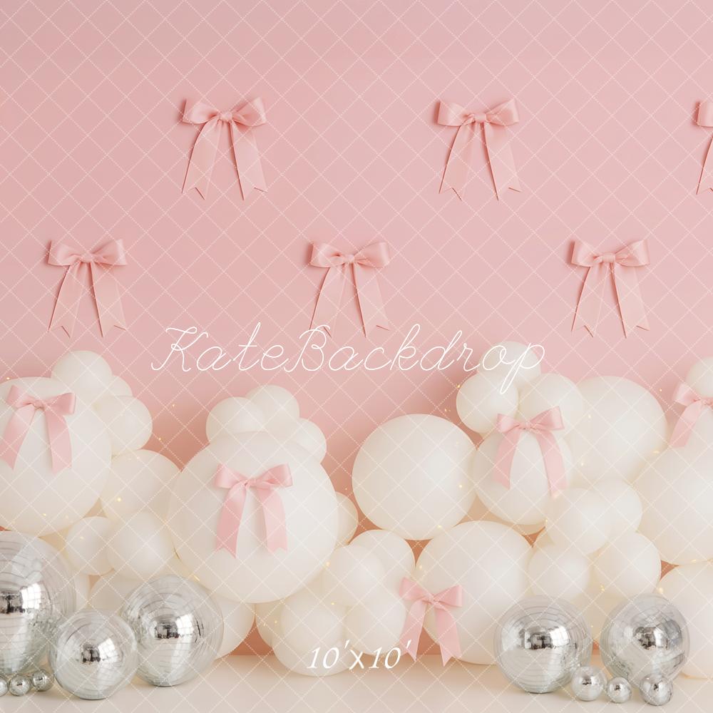 Kate Geburtstag Ballons Schleifen Rosa Hintergrund Entworfen von Patty Roberts - Kate Backdrop.de
