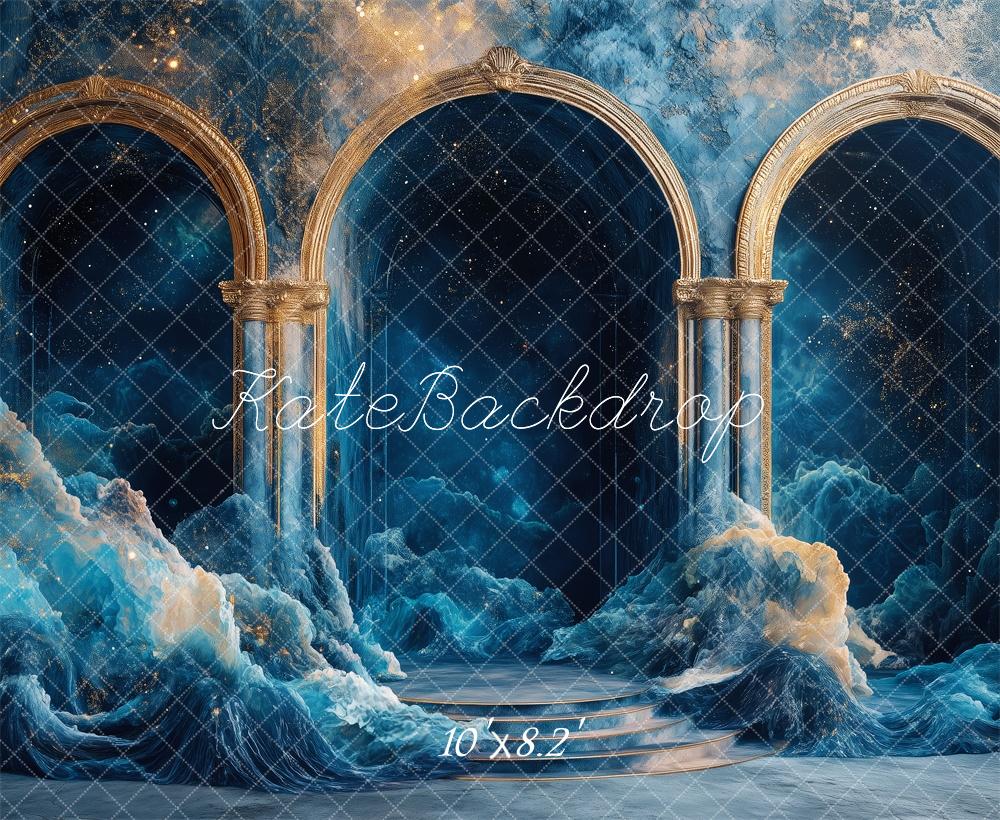 Kate Fantasy Goldene Bögen Wolken Blau Hintergrund Entworfen von Patty Roberts - Kate Backdrop.de