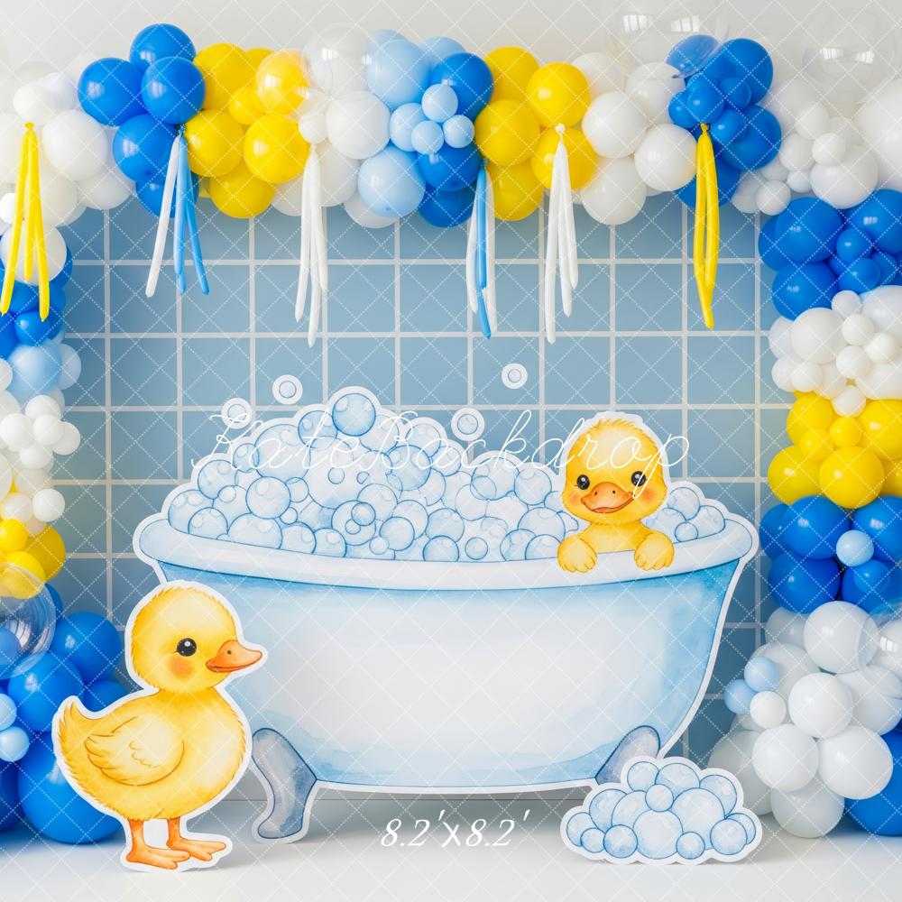 Kate Neugeborenes Badewanne Enten Ballons Blau Hintergrund Entworfen von Patty Roberts - Kate Backdrop.de