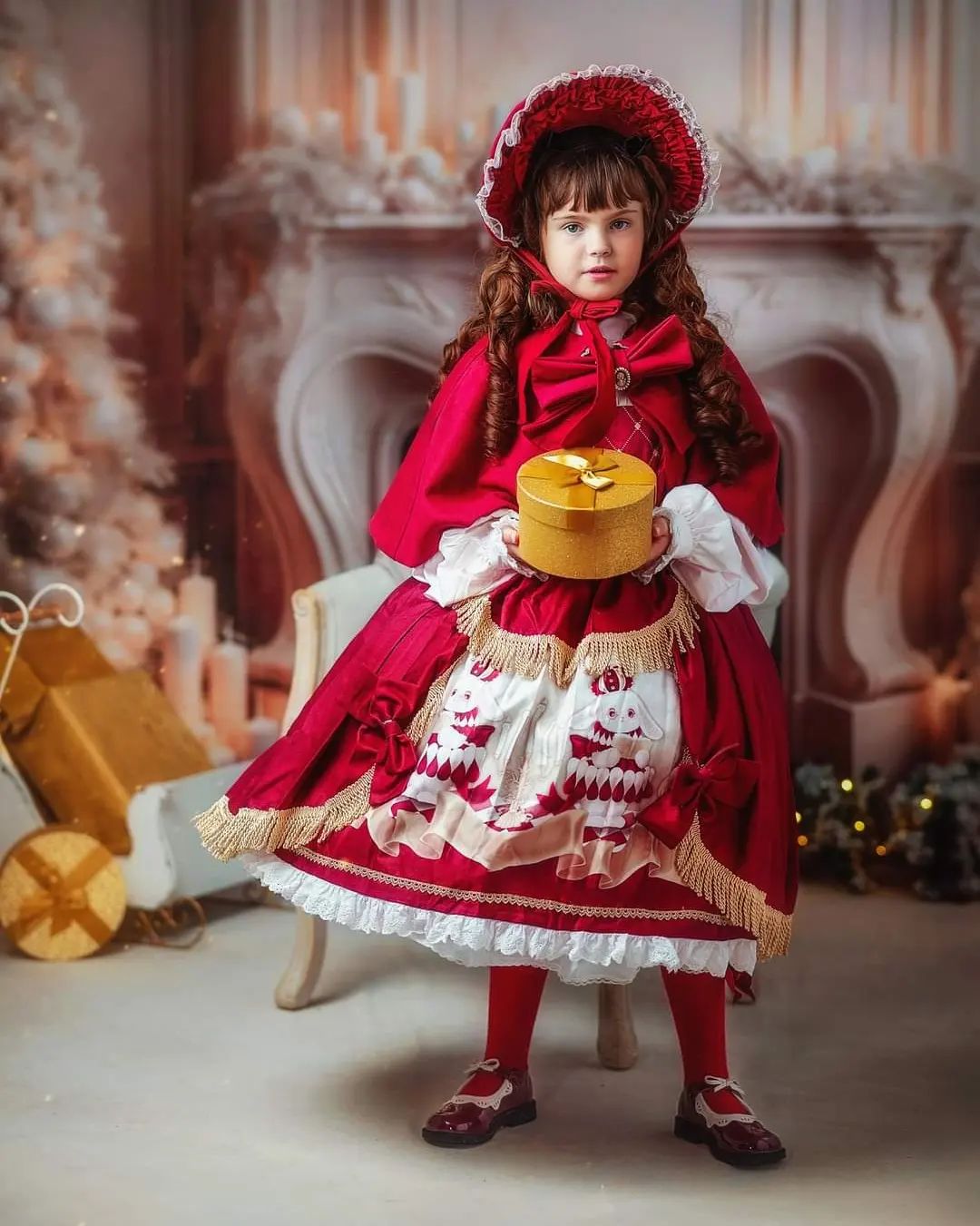 Kate Weihnachten Elegante Kommunion Kerze Weiß Kamin Baum Hintergrund für Fotografie