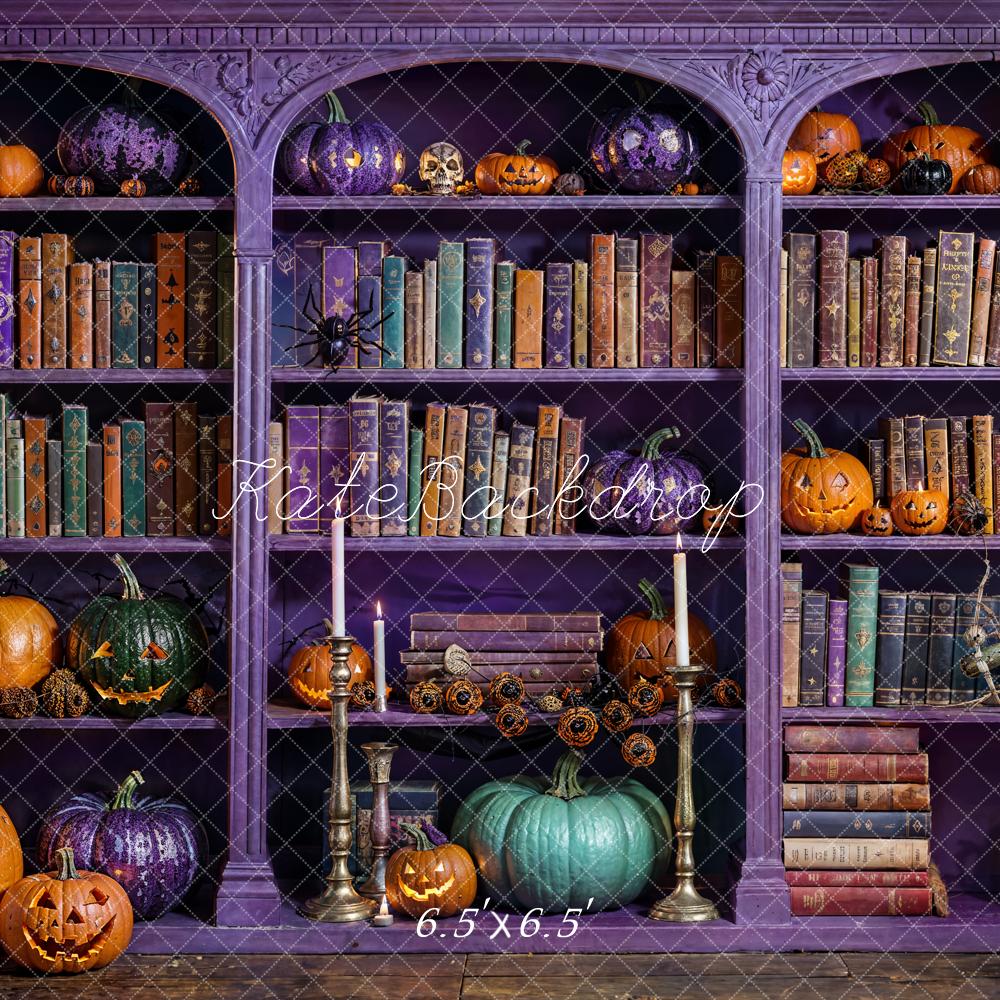 Kate Halloween Bücher Regal Kürbisse Lila Hintergrund Entworfen von Emetselch - Kate Backdrop.de