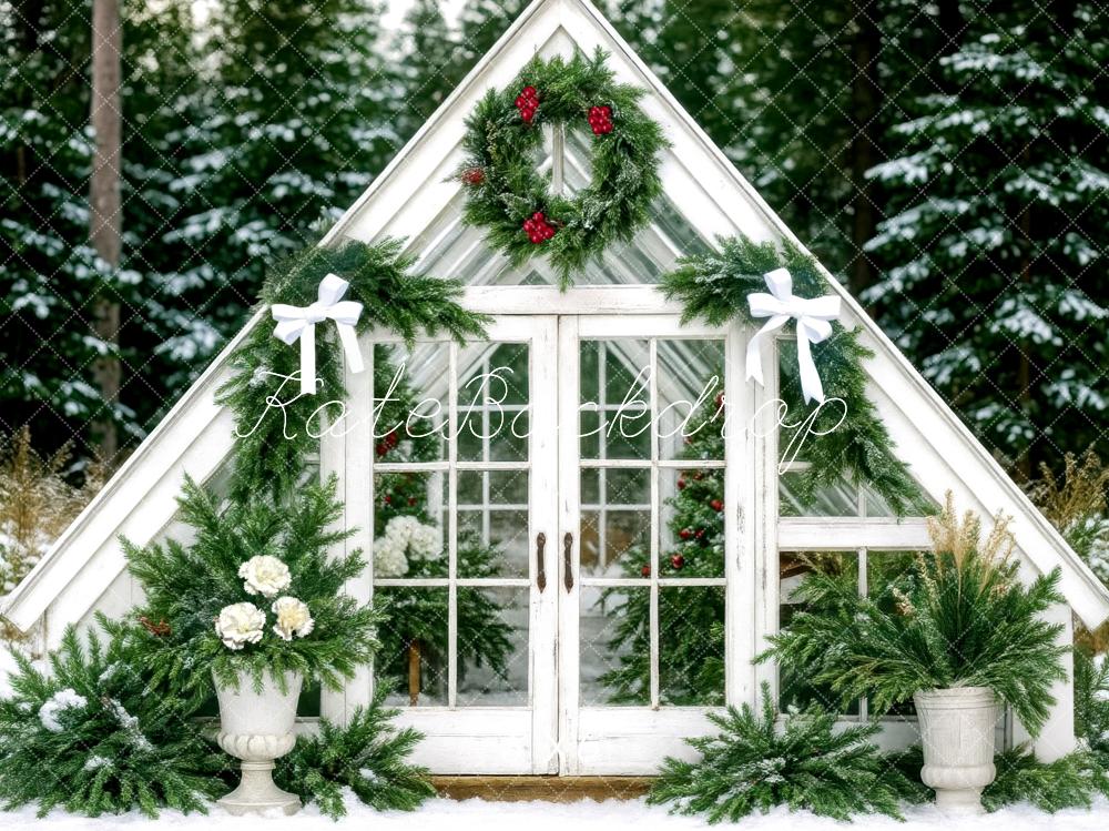 Kate Weihnachten Gewächshaus Tannenzweige Weiß Hintergrund Entworfen von Mini MakeBelieve - Kate Backdrop.de