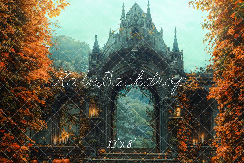 Kate Halloween Schloss Tor Herbstlaub Fleece Hintergrund Entworfen von Emetselch - Kate Backdrop.de