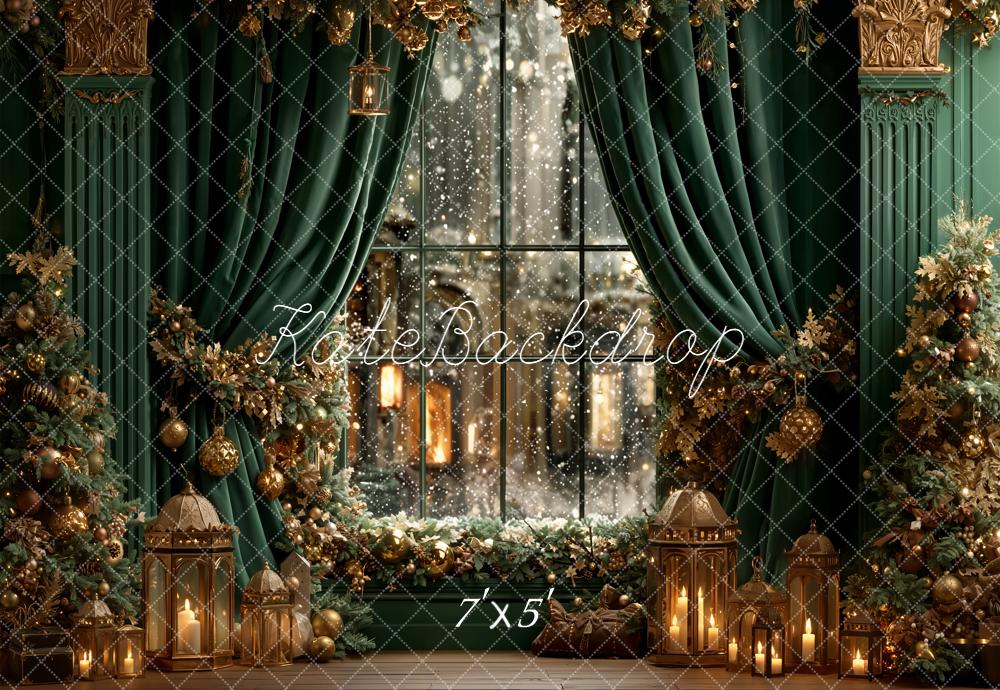 Kate Weihnachten Fenster Tannenzweige Goldgrün Hintergrund Entworfen von Emetselch - Kate Backdrop.de