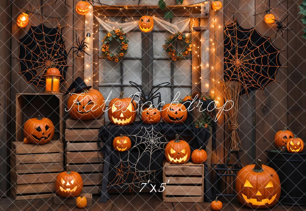 Kate Halloween Kürbisse Spinnennetze Holz Hintergrund Entworfen von Emetselch