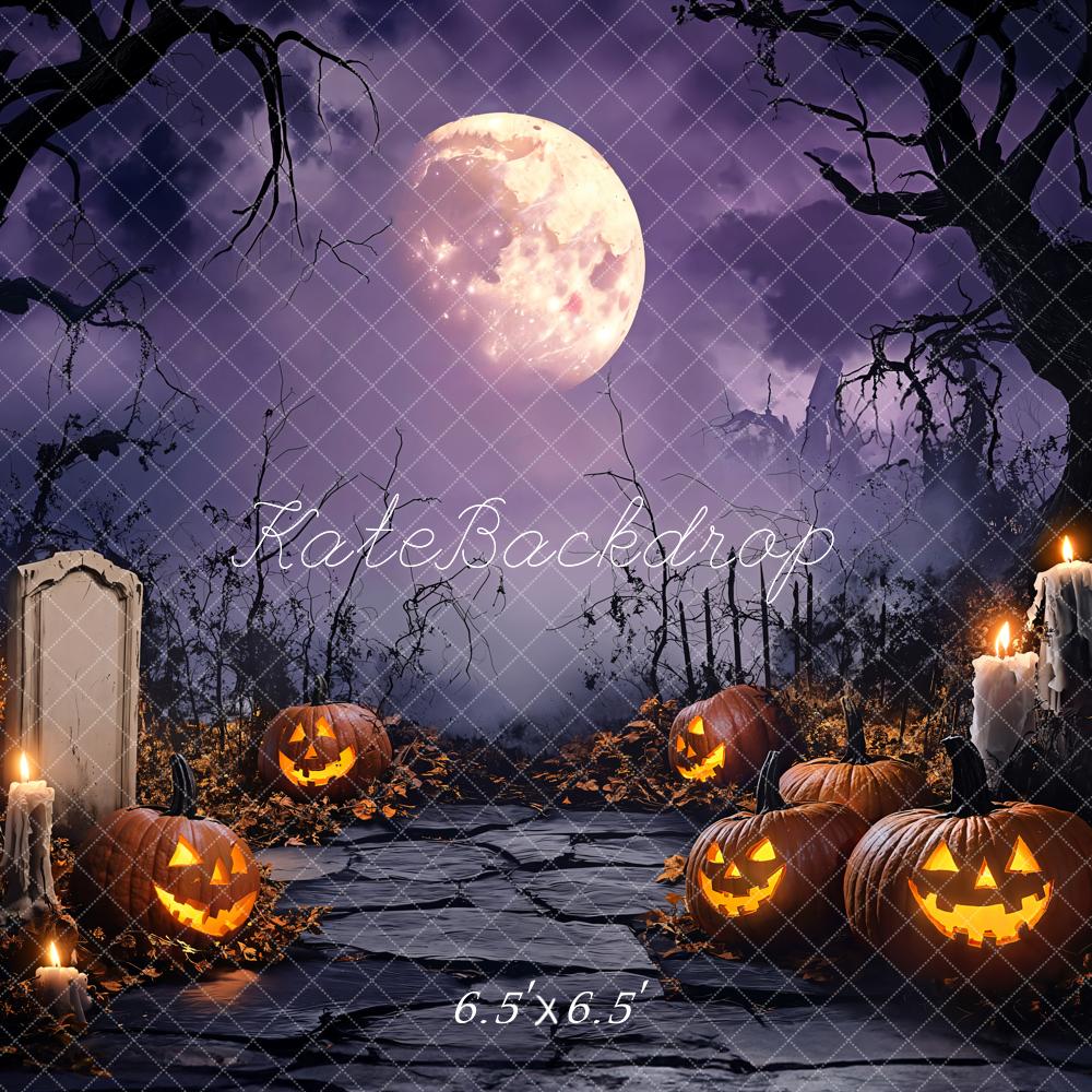 Kate Halloween Kürbisse Grabstein Lila Hintergrund Entworfen von Emetselch - Kate Backdrop.de
