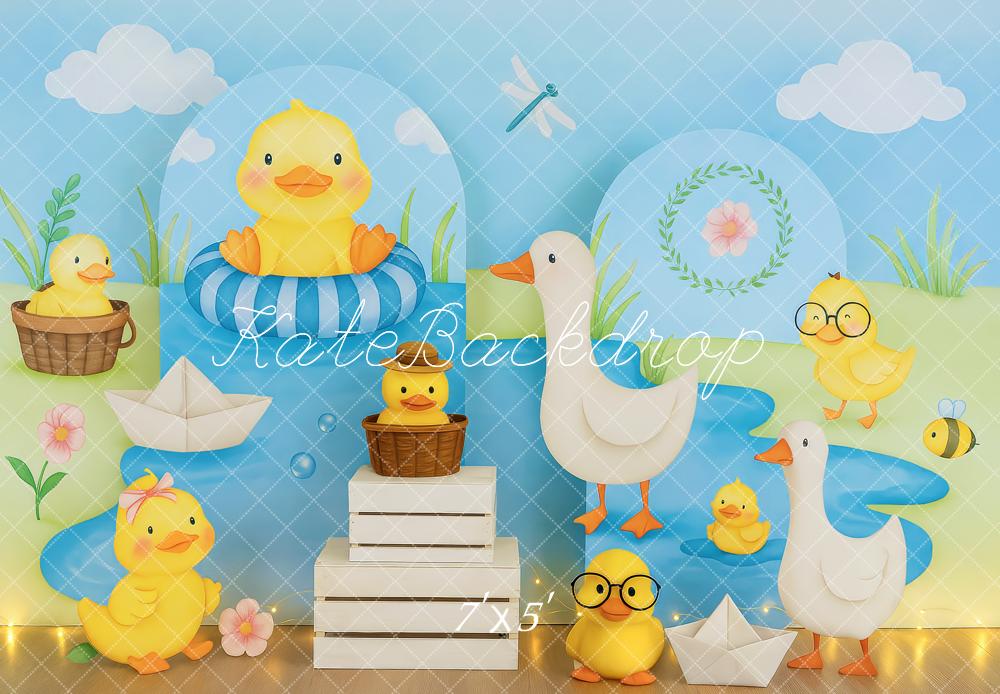 Kate Enten Teich Papierboote Blau Hintergrund Entworfen von Patty Roberts - Kate Backdrop.de