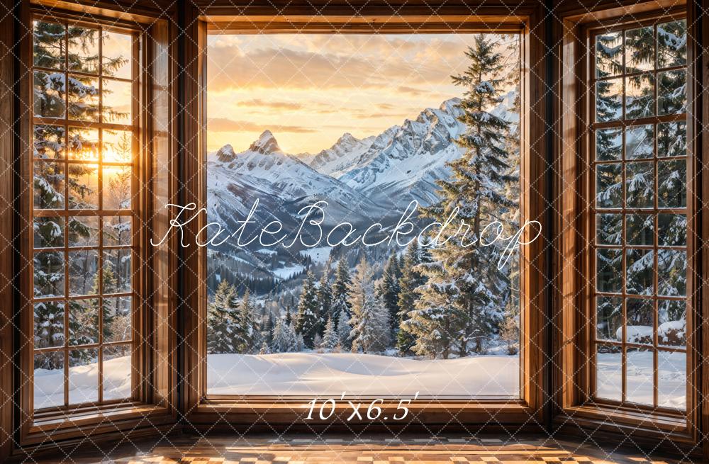 Kate Winter Fenster Berge Sonnenuntergang Fleece Hintergrund Entworfen von Emetselch - Kate Backdrop.de