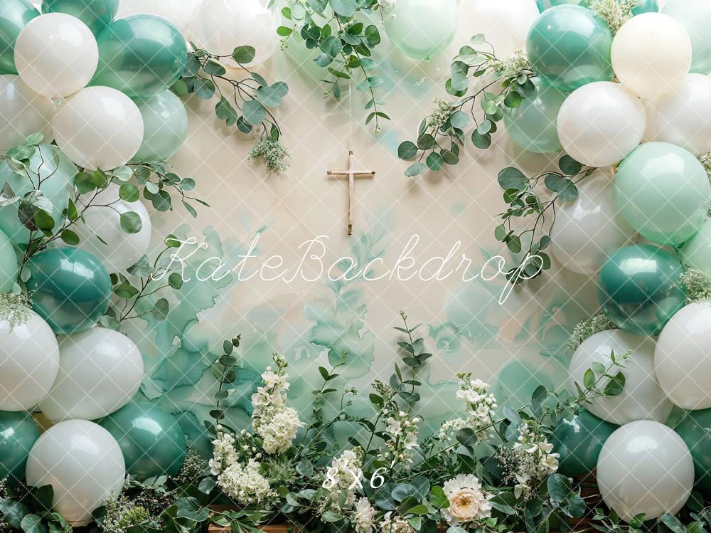 Kate Taufe Ballons Kreuz Grün Hintergrund Entworfen von Emetselch - Kate Backdrop.de