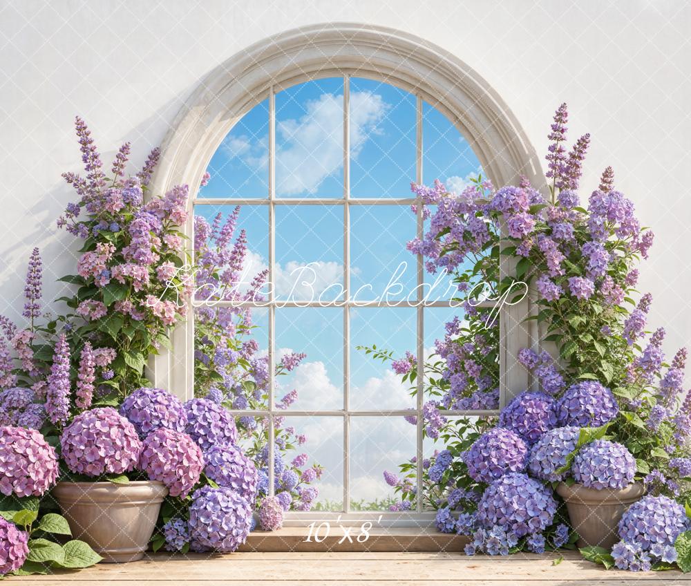 Kate Frühling Fensterbogen Hortensien Lila Fleece Hintergrund Entworfen von Emetselch - Kate Backdrop.de