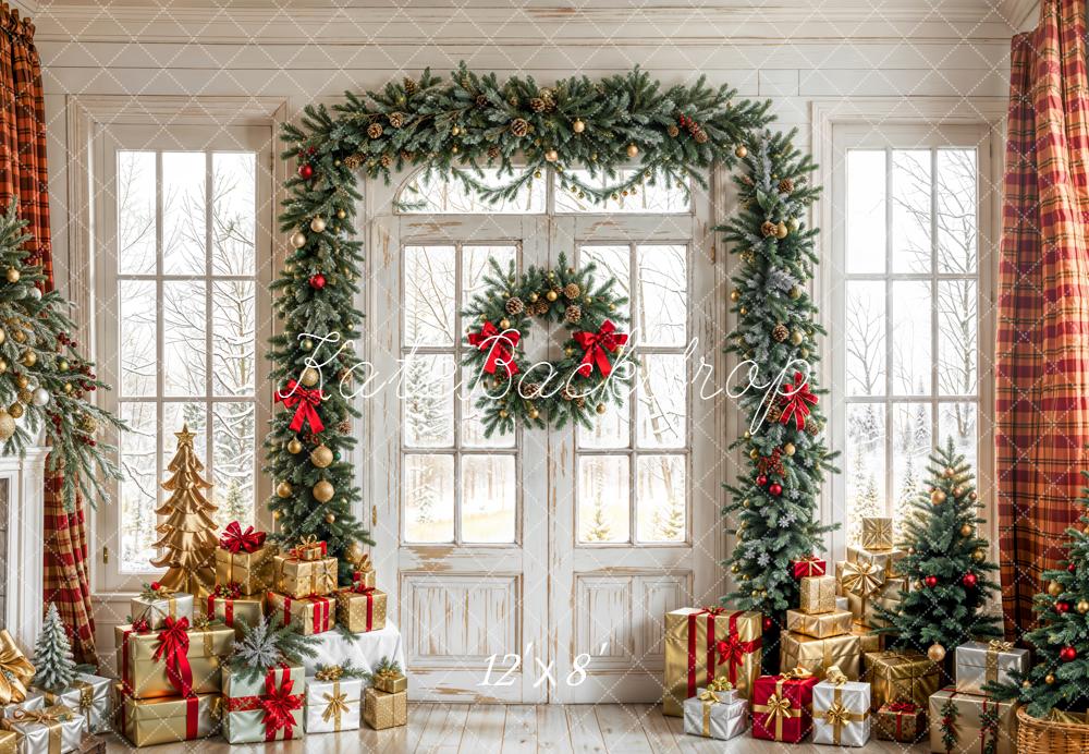 Kate Weihnachten Geschenke Tür Kranz Fleece Hintergrund Entworfen von Emetselch - Kate Backdrop.de