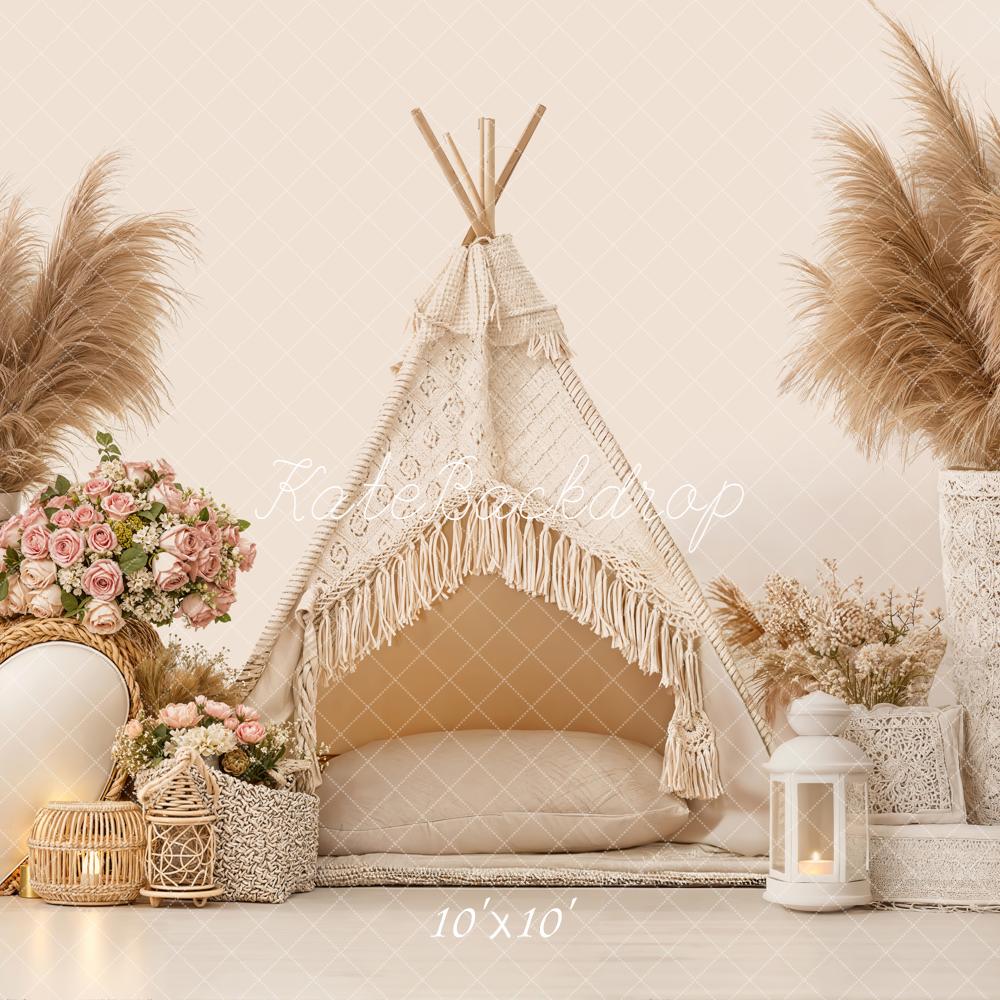 Kate Boho Zelt Pampasgras Blumen Beige Hintergrund Entworfen von Emetselch - Kate Backdrop.de