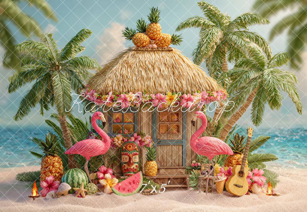 Kate Sommer Strandhütte Palmen Flamingos Hintergrund Entworfen von Ashley Paul - Kate Backdrop.de