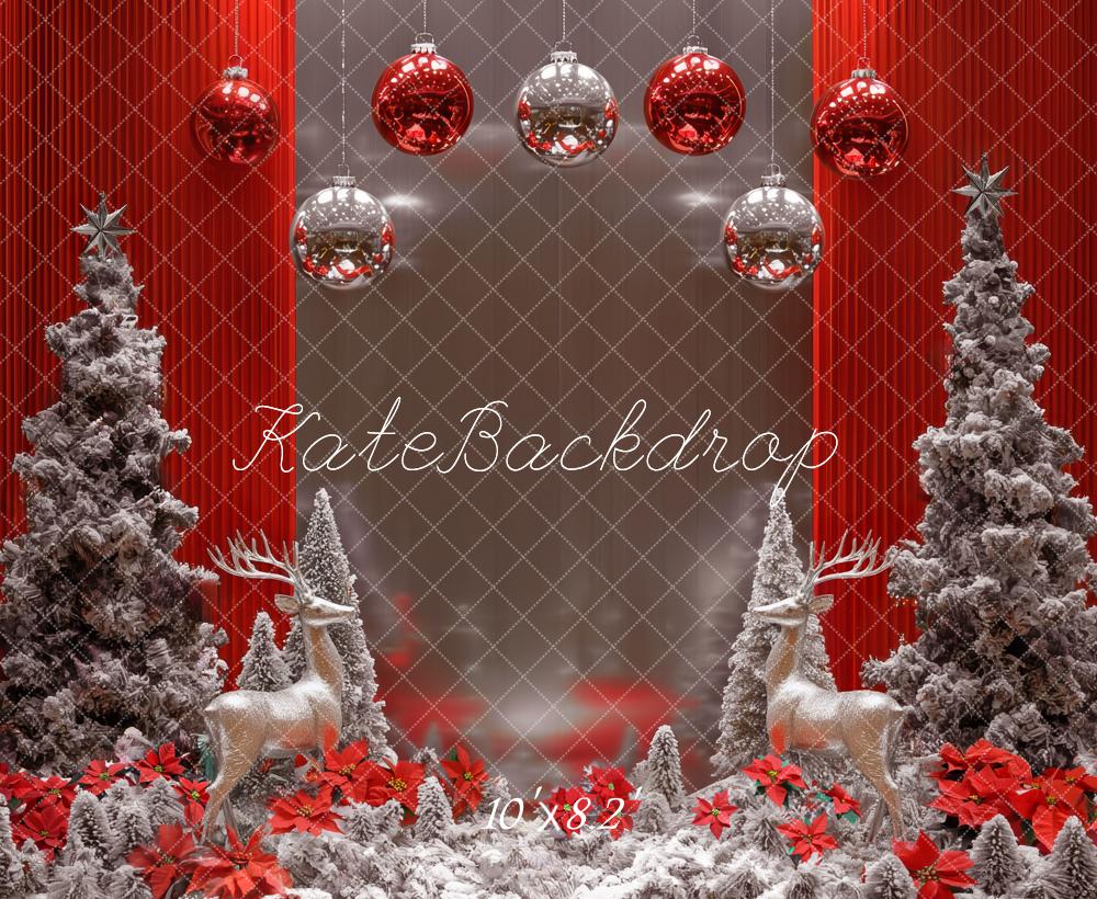 Kate Weihnachten Rentiere Schneebäume Rot Hintergrund Entworfen von Mini MakeBelieve - Kate Backdrop.de