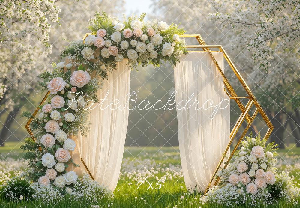Kate Hochzeit Blumenbogen Gold Weiß Hintergrund Entworfen von Mini MakeBelieve - Kate Backdrop.de