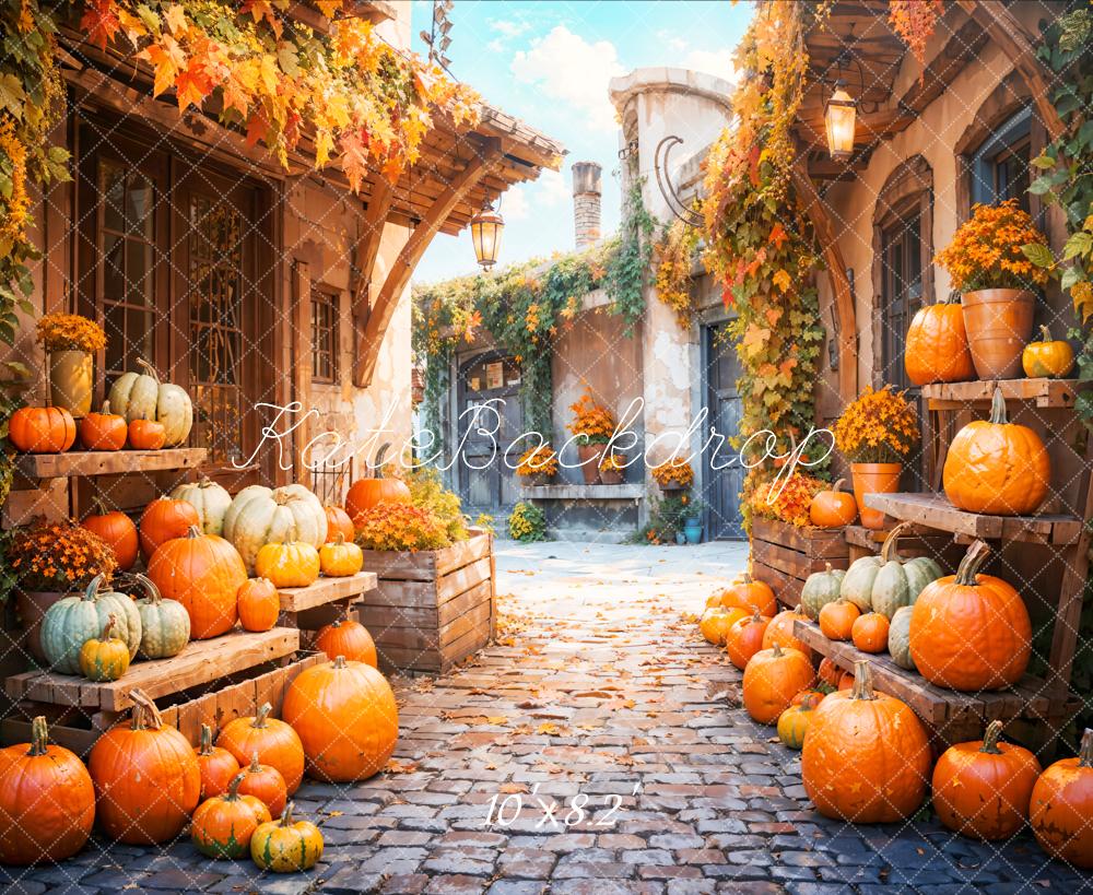 Kate Herbst Kürbisse Kopfsteinpflaster Dorf Hintergrund Entworfen von Emetselch - Kate Backdrop.de