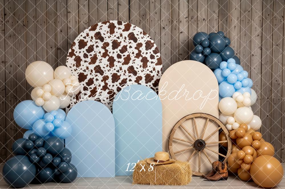 Kate Western Kuhflecken Ballons Holzwand Hintergrund Entworfen von Patty Roberts - Kate Backdrop.de