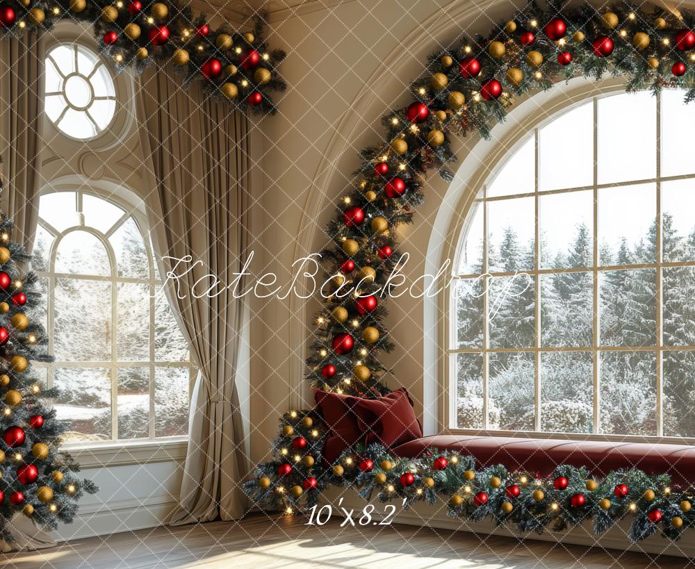 Kate Weihnachten Fenster Tannenzweige Rot Gold Hintergrund Entworfen von Mini MakeBelieve - Kate Backdrop.de