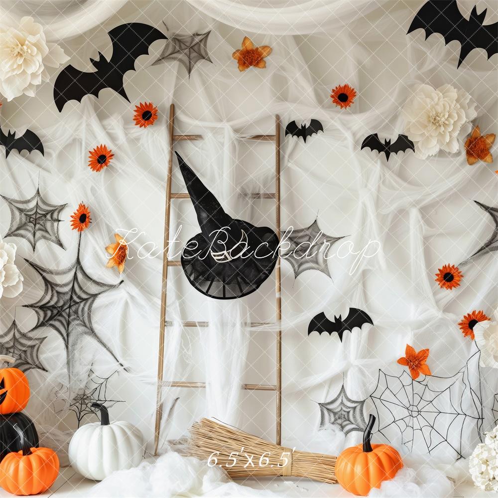 Kate Halloween Kürbisse Spinnweben Fledermäuse Hintergrund Entworfen von Patty Roberts - Kate Backdrop.de
