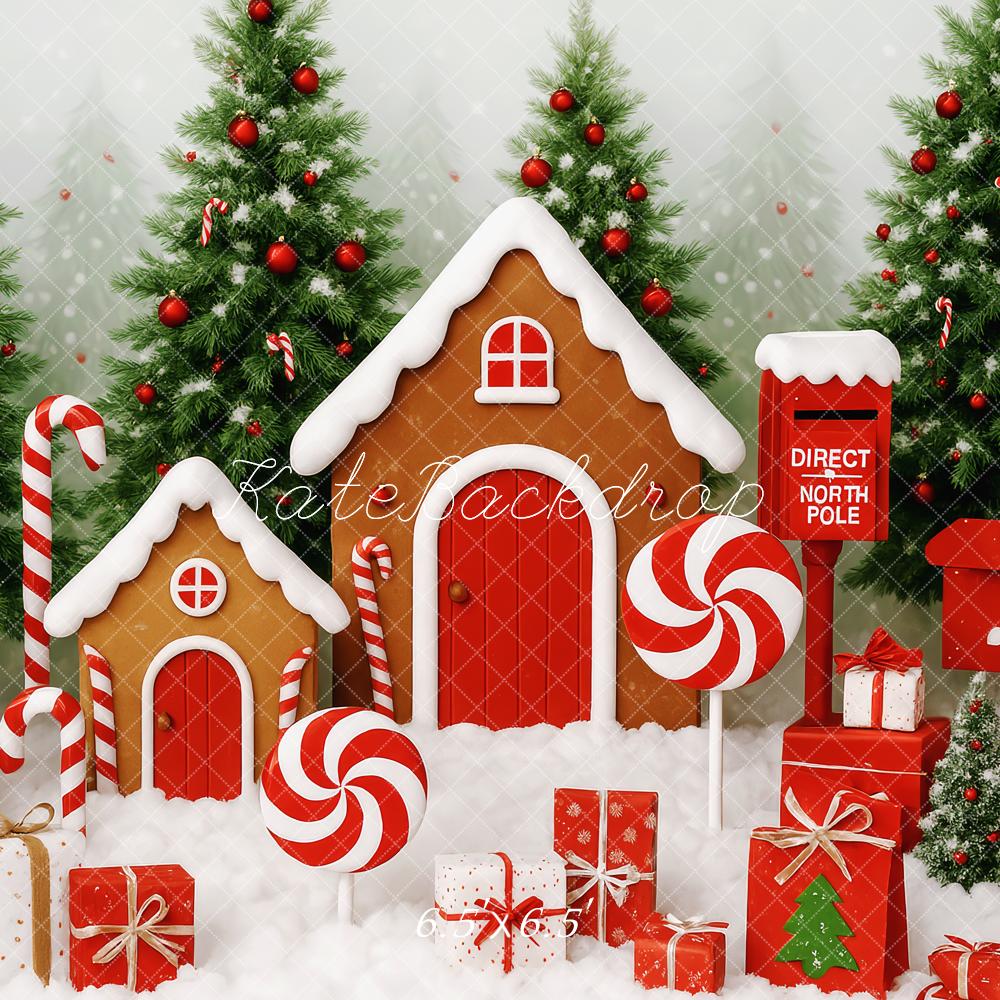 Kate Weihnachten Lebkuchenhaus Schneemann Rot Hintergrund Entworfen von Patty Roberts - Kate Backdrop.de