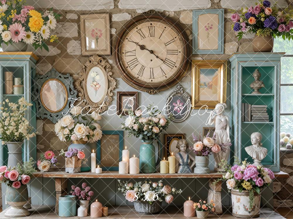 Kate Vintage Blumen Bücherregal Steinwand Hintergrund Entworfen von Mini MakeBelieve