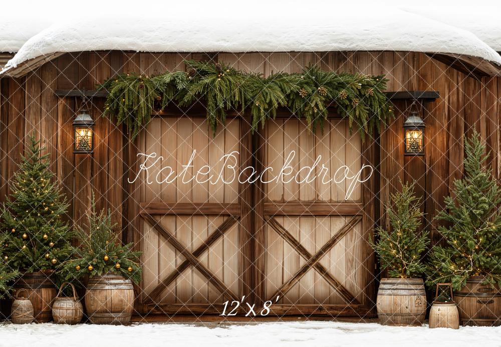 Kate Weihnachten Scheune Tannenbäume Holz Braun Fleece Hintergrund Entworfen von Emetselch - Kate Backdrop.de
