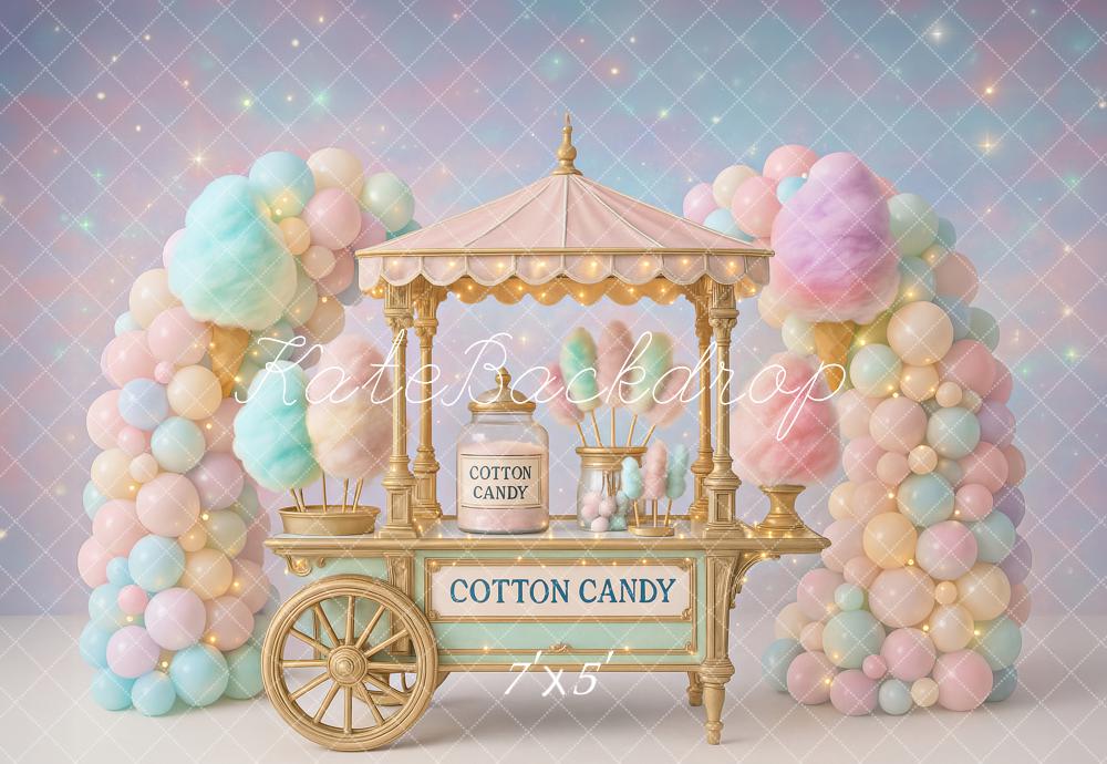 Kate Geburtstag Zuckerwattewagen Ballons Pastell Hintergrund Entworfen von Ashley Paul - Kate Backdrop.de