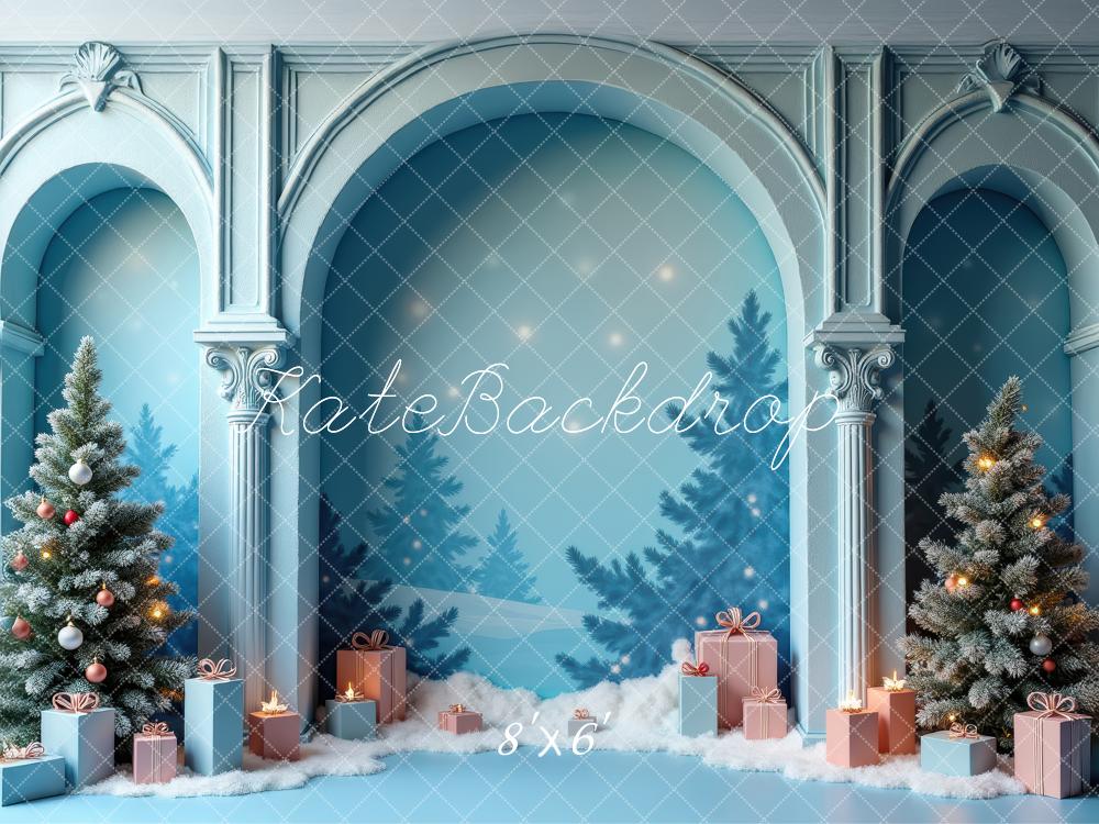 Kate Weihnachten Tannen Schnee Geschenkboxen Blau Hintergrund Entworfen von Laura Bybee - Kate Backdrop.de