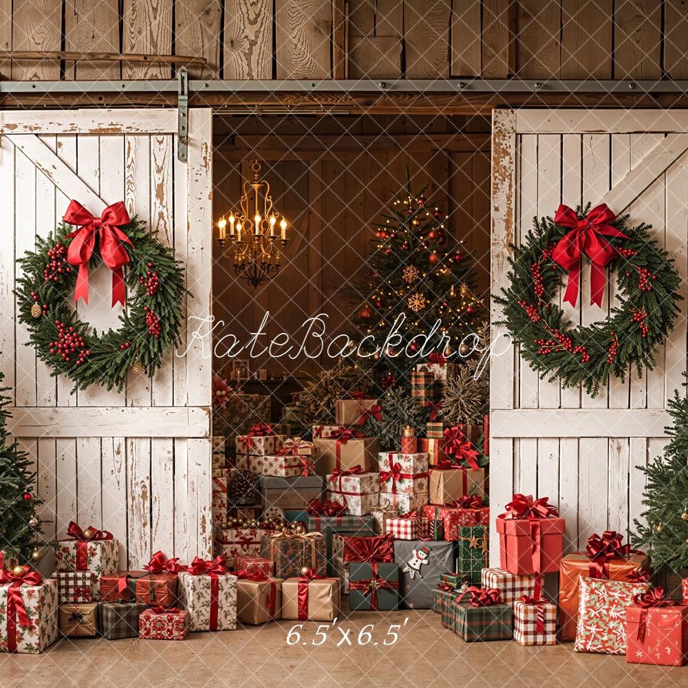 Kate Weihnachten Scheune Geschenke Tannengrün Hintergrund Entworfen von Emetselch - Kate Backdrop.de