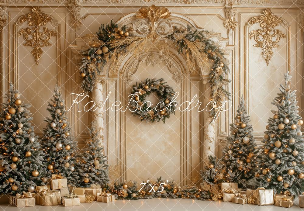 Kate Weihnachten Tannen Geschenke Gold Hintergrund Entworfen von Patty Roberts - Kate Backdrop.de