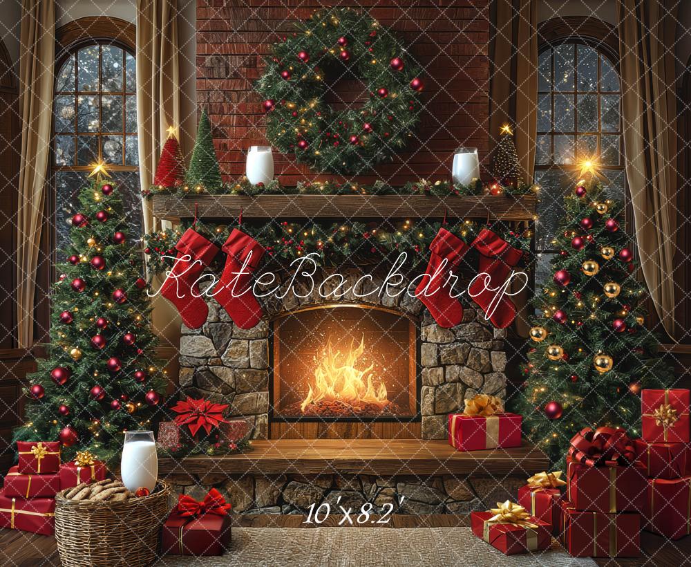 Kate Weihnachten Kaminbaum Geschenke Rot Hintergrund Entworfen von Mini MakeBelieve - Kate Backdrop.de
