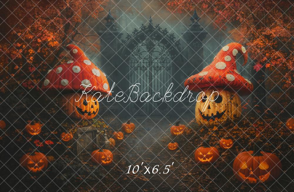 Kate Halloween Kürbis Pilzhäuser Tor Nebel Hintergrund Entworfen von Chain - Kate Backdrop.de