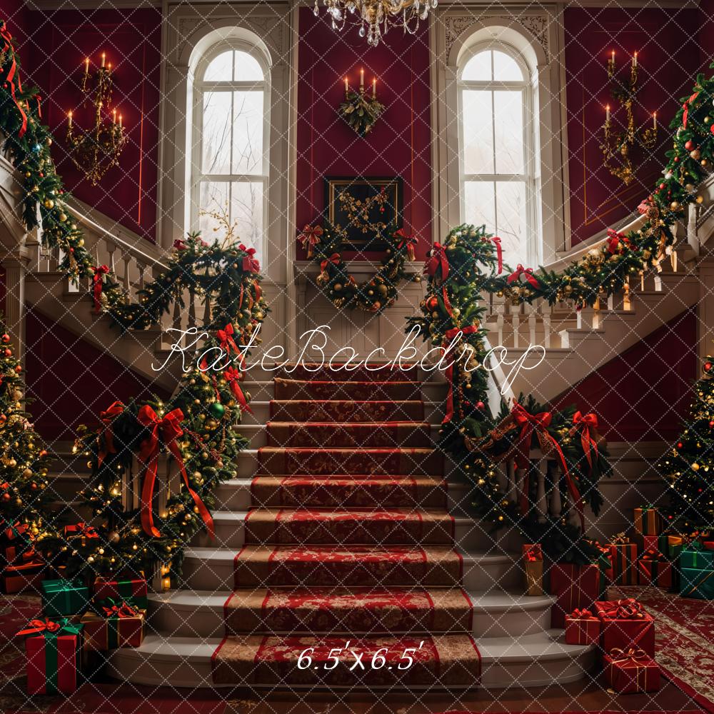 Kate Weihnachten Treppe Girlande Rot Hintergrund Entworfen von Emetselch - Kate Backdrop.de