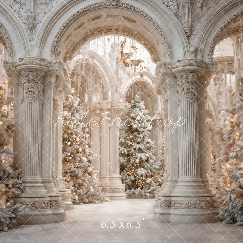 Kate Weihnachten Palast Weihnachtsbäume Weiß Hintergrund Entworfen von Ashley Paul - Kate Backdrop.de