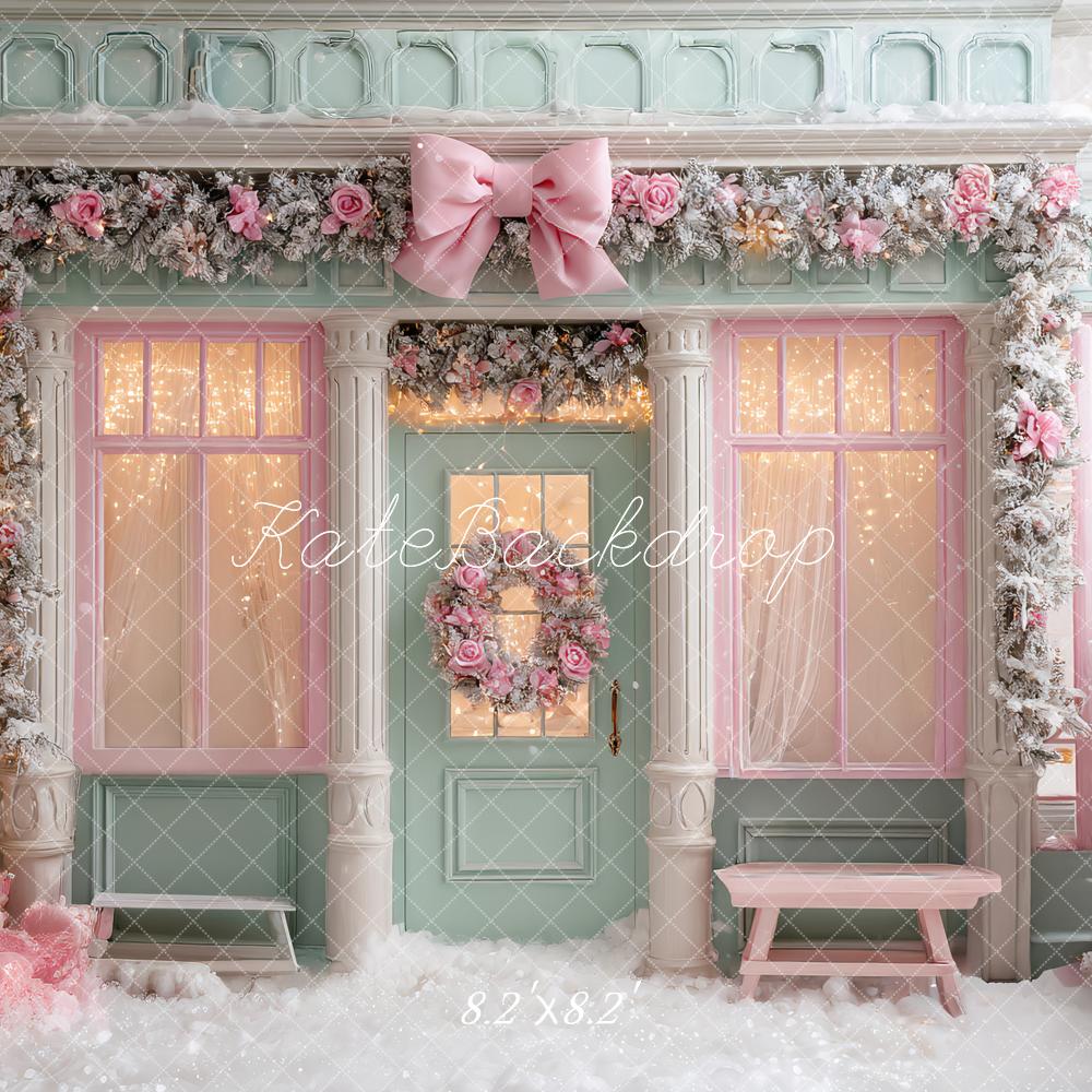 Kate Weihnachten Pastell Geschäft Fassade Rosa Hintergrund Entworfen von Ashley Paul