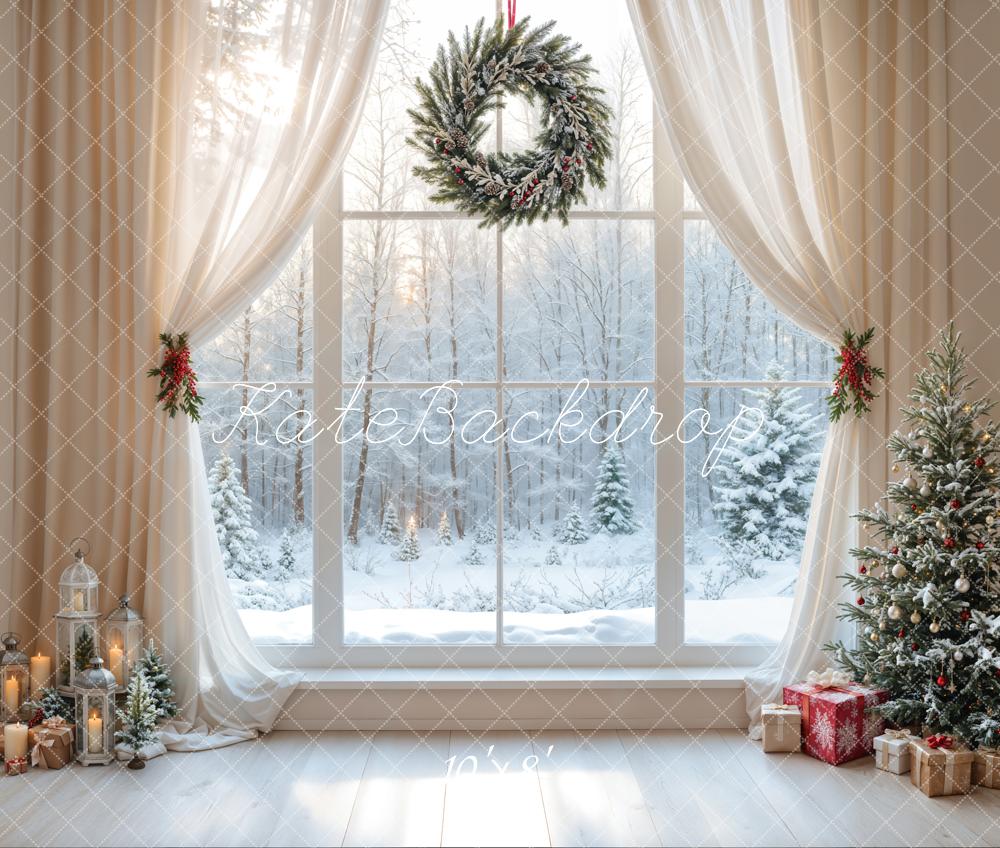 Kate Weihnachten Fenster Weihnachtsbaum Winterwald Fleece Hintergrund Entworfen von Emetselch