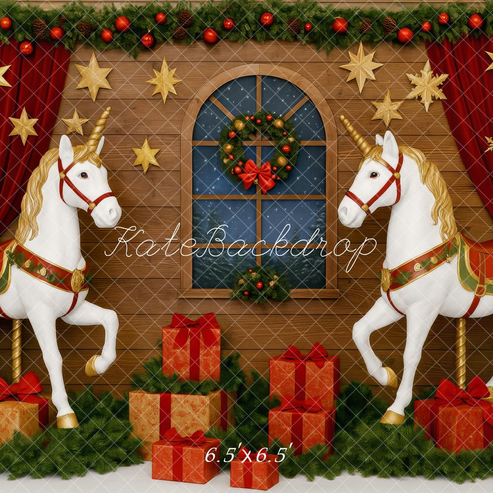 Kate Weihnachten Einhörner Geschenke Holz Hintergrund Entworfen von Patty Roberts - Kate Backdrop.de
