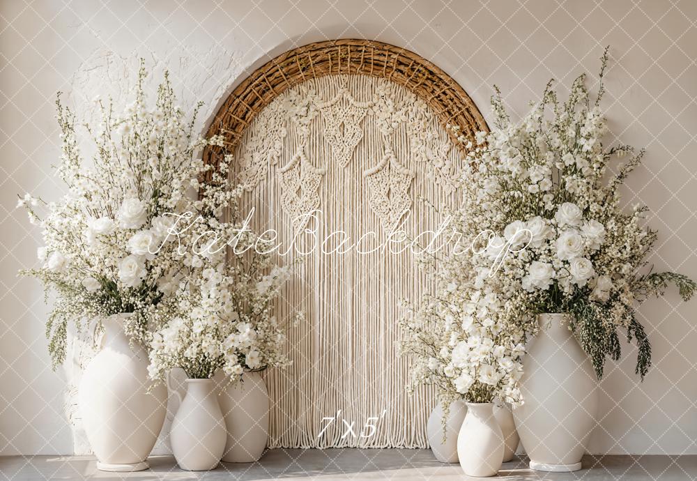 Kate Boho Bogen Makramee Blumen Weiß Hintergrund Entworfen von Emetselch - Kate Backdrop.de