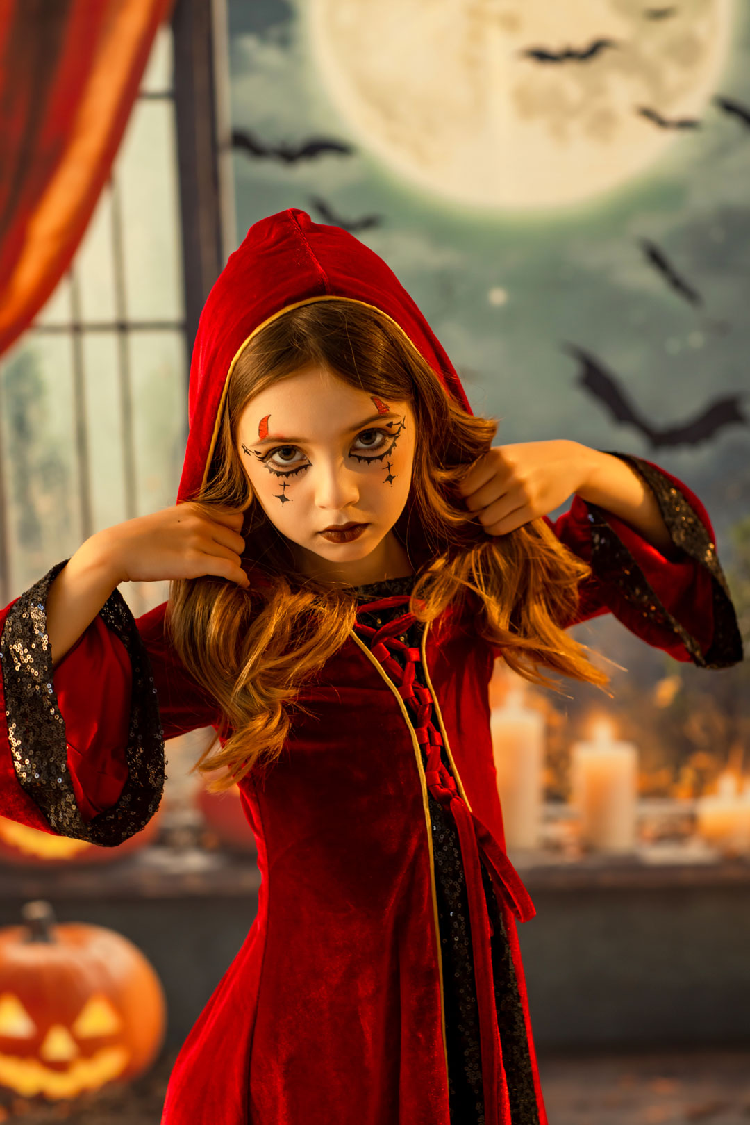 Kate Halloween-Kleid für Kinder mit rotem Samt und Hexenkappe - Kate Backdrop.de