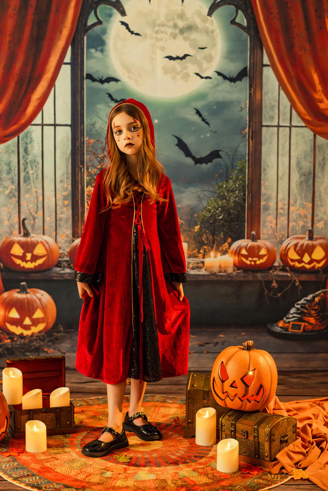 Kate Halloween-Kleid für Kinder mit rotem Samt und Hexenkappe - Kate Backdrop.de